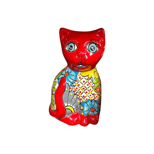 Hand-Painted Talavera Cat Statue | Medium Mexican Folk Art - red hand-painted Talavera ceramic cat with floral pattern on wooden shelf