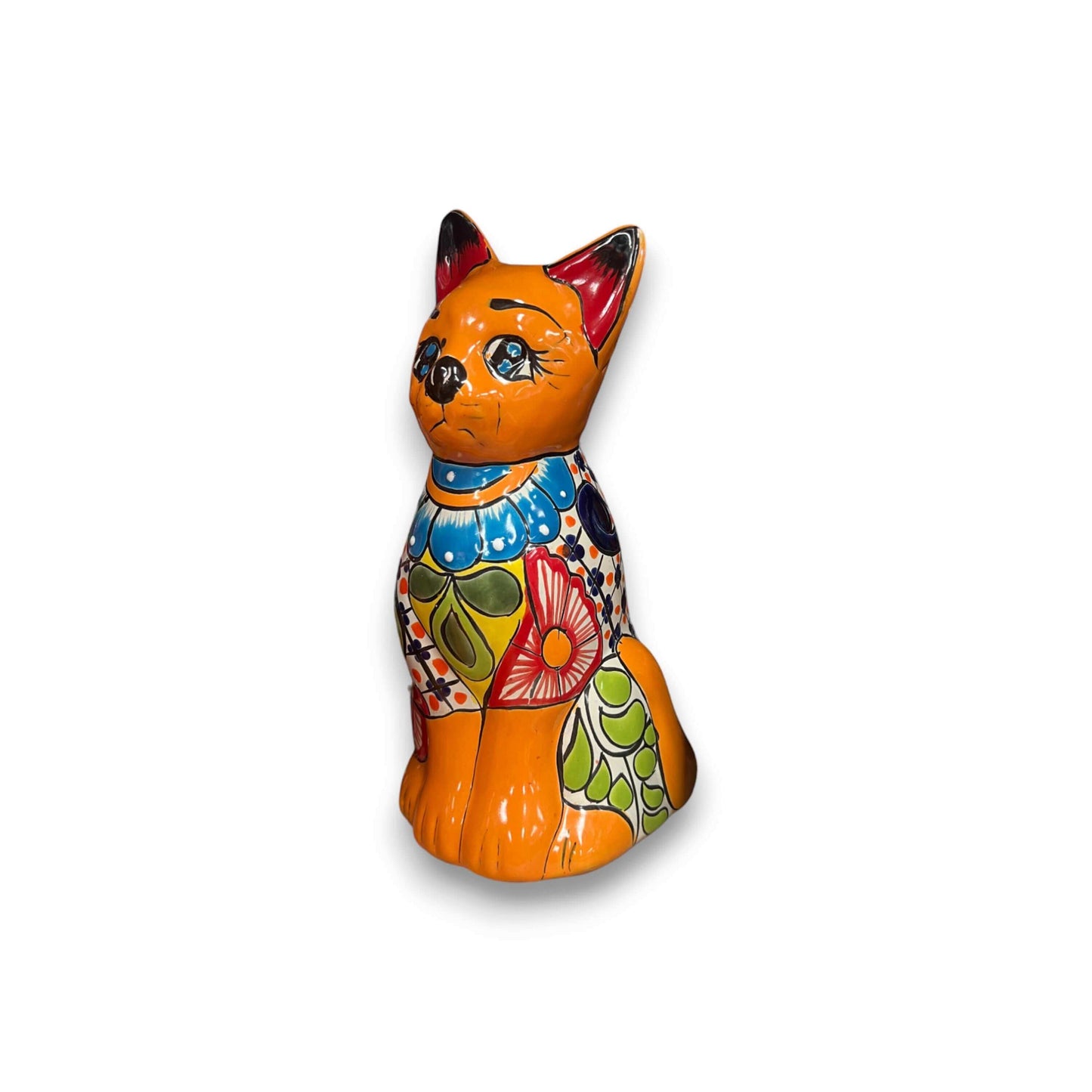 Colorful Hand-Painted Talavera Cat Statue | Mexican Folk Art Decor - hand-painted orange Talavera cat with bold floral and geometric patterns