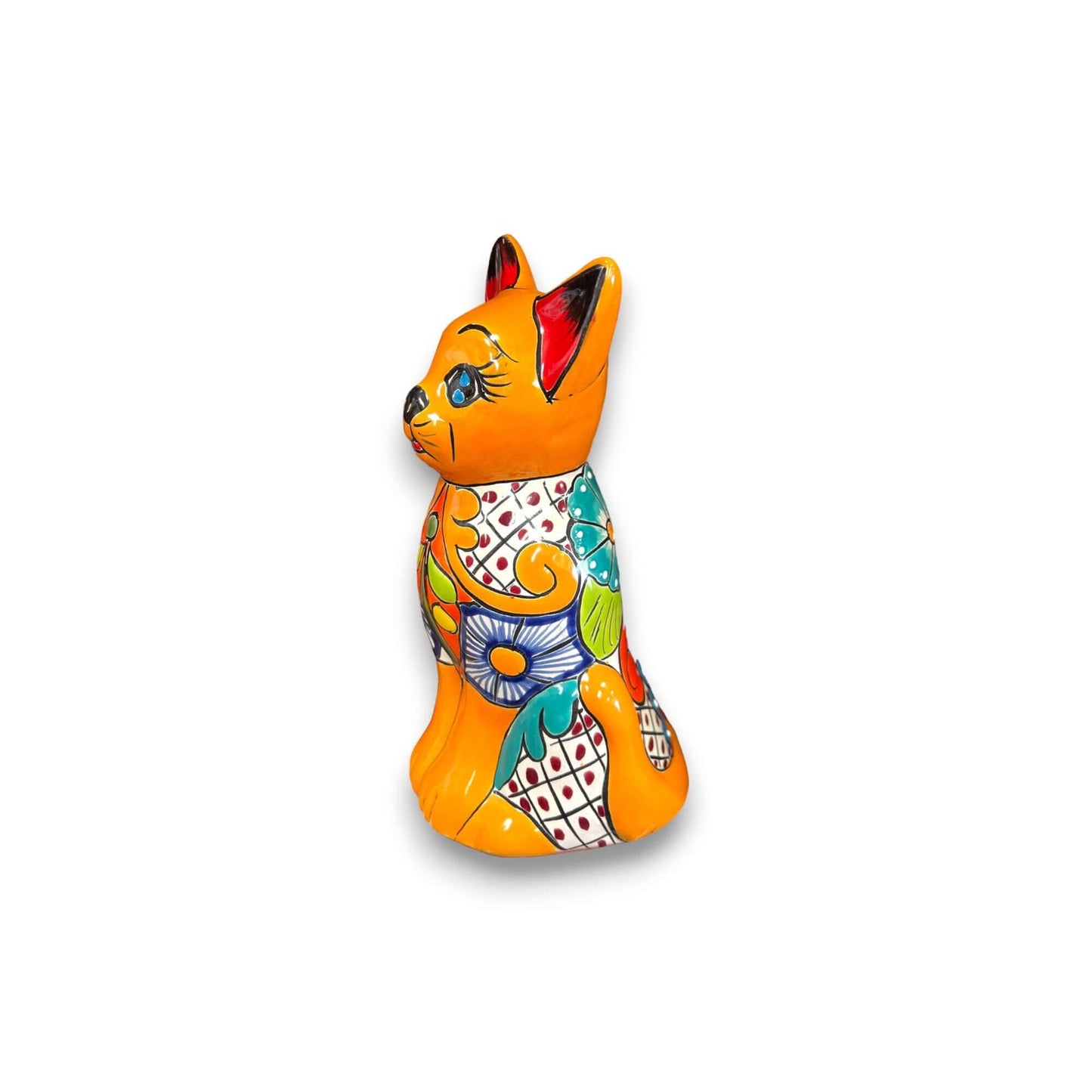 Colorful Hand-Painted Talavera Cat Statue | Mexican Folk Art Decor - glossy orange hand-painted Talavera cat with blue, green & yellow floral patterns