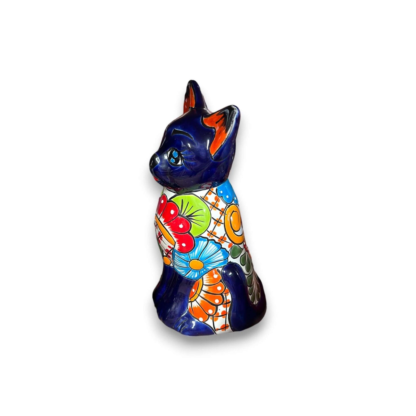 Colorful Hand-Painted Talavera Cat Statue | Mexican Folk Art Decor - glossy blue hand-painted Talavera cat with vibrant floral and geometric patterns