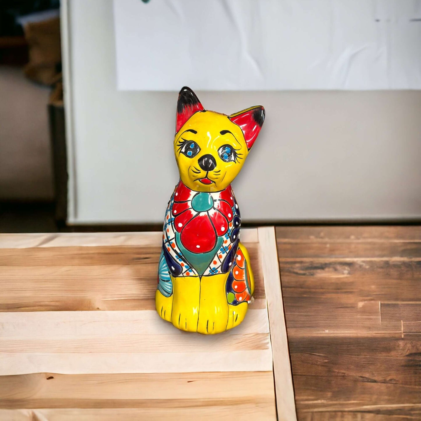 Colorful Hand-Painted Talavera Cat Statue | Mexican Folk Art Decor - hand-painted yellow Talavera cat with floral and geometric patterns