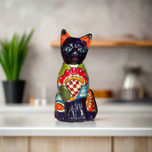 Colorful Hand-Painted Talavera Cat Statue | Mexican Folk Art Decor - glossy floral and geometric painted ceramic cat accent