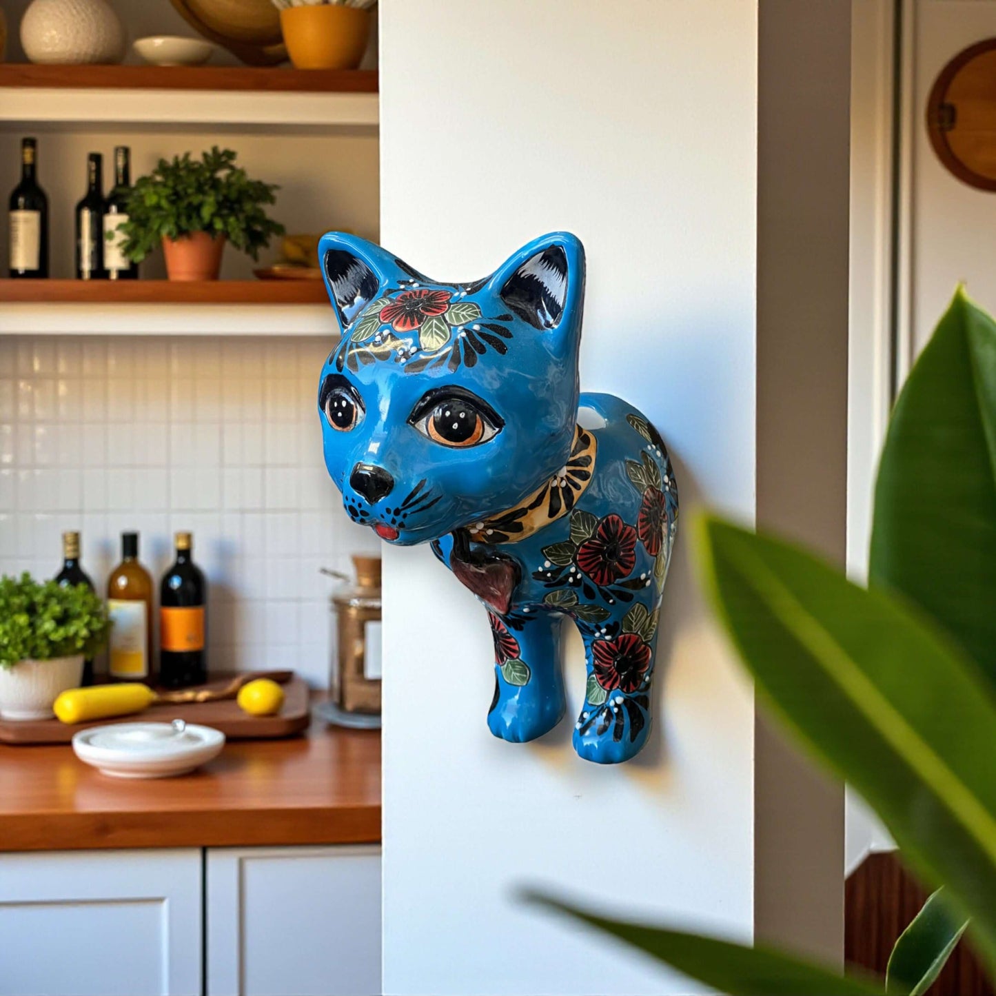 Talavera Cat Wall Planter | Hand-Painted Ceramic Art — vibrant blue hand-painted cat-shaped wall planter with floral and butterfly motifs
