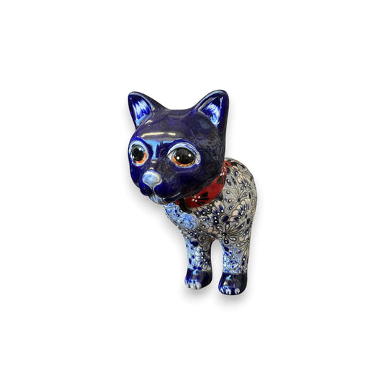 Talavera Cat Wall Planter | Hand-Painted Ceramic Art - blue hand-painted cat planter with floral and butterfly motifs, red collar, wall-mountable