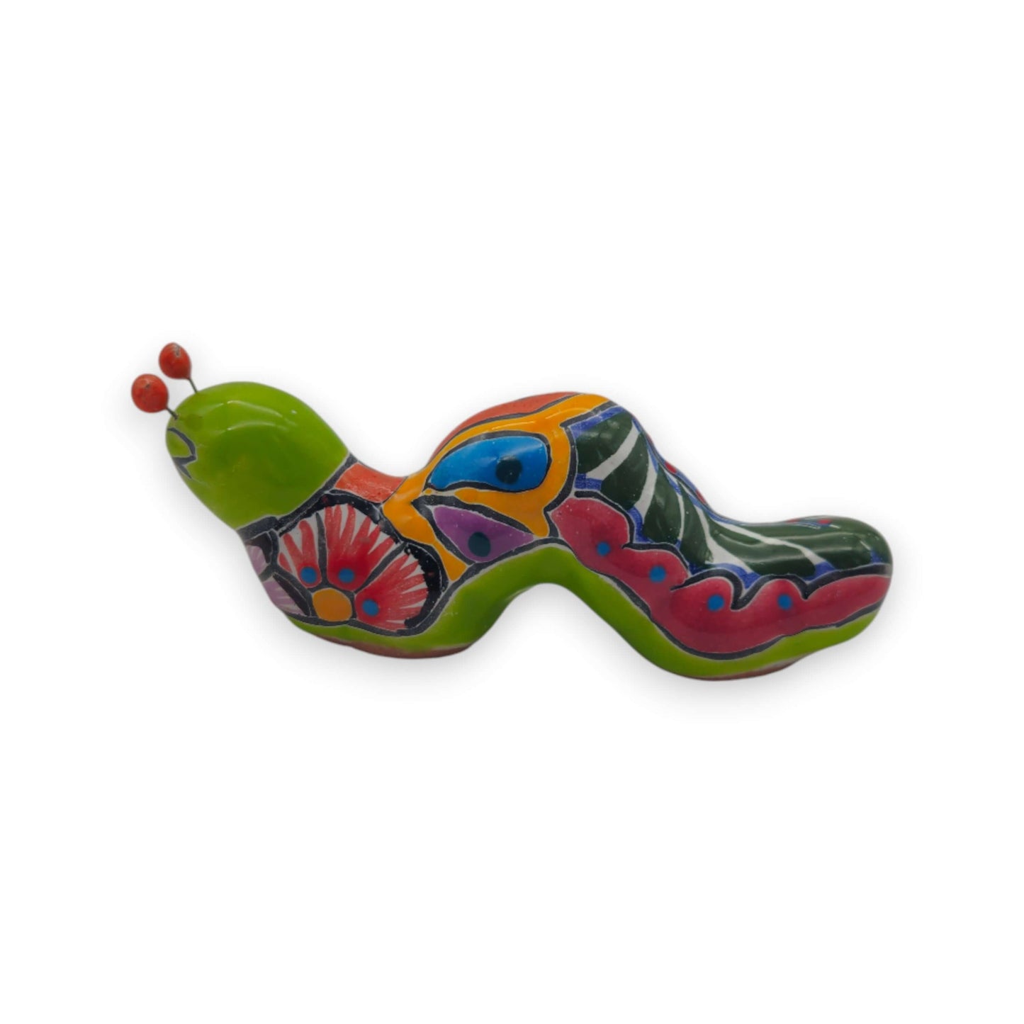 Colorful Talavera Caterpillar | Mexican Ceramic Figurine hand-painted Talavera caterpillar in blue yellow red green with glossy finish