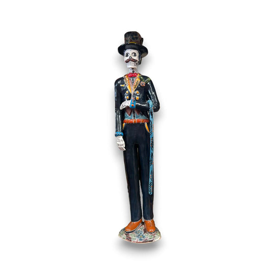 Talavera Catrin Statue | Hand-Painted Day of the Dead Skeleton Man - tall hand-painted Talavera Catrin in black suit, orange accents, kiln-fired glaze