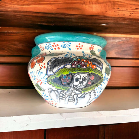 Talavera Catrina Planter | Hand-Painted Artisan Flower Pot - hand-painted Mexican Talavera Catrina ceramic planter with skull and floral design