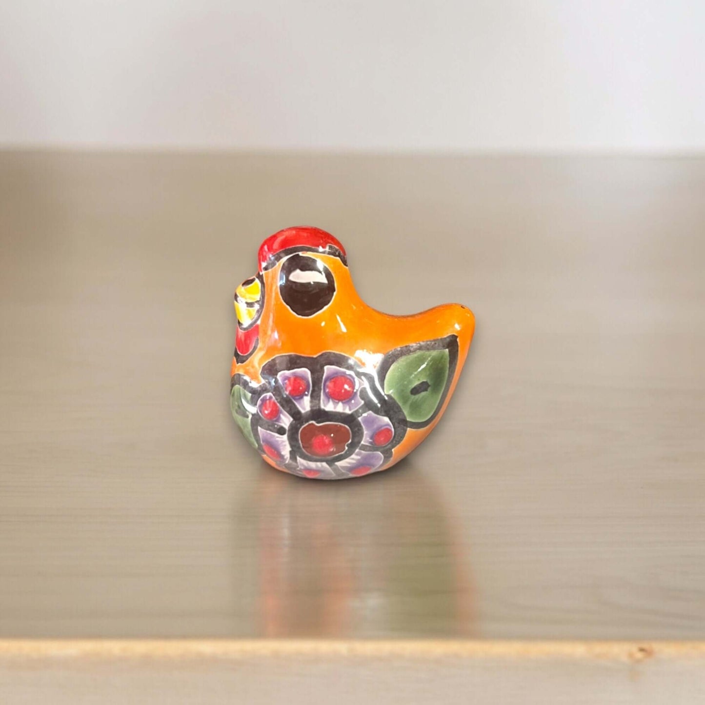 Set of 2 Hand-Painted Talavera Chicken Figurines | Mexican Ceramic Chickens - single orange hand-painted Talavera chicken figurine, kiln-fired, lead-free glaze
