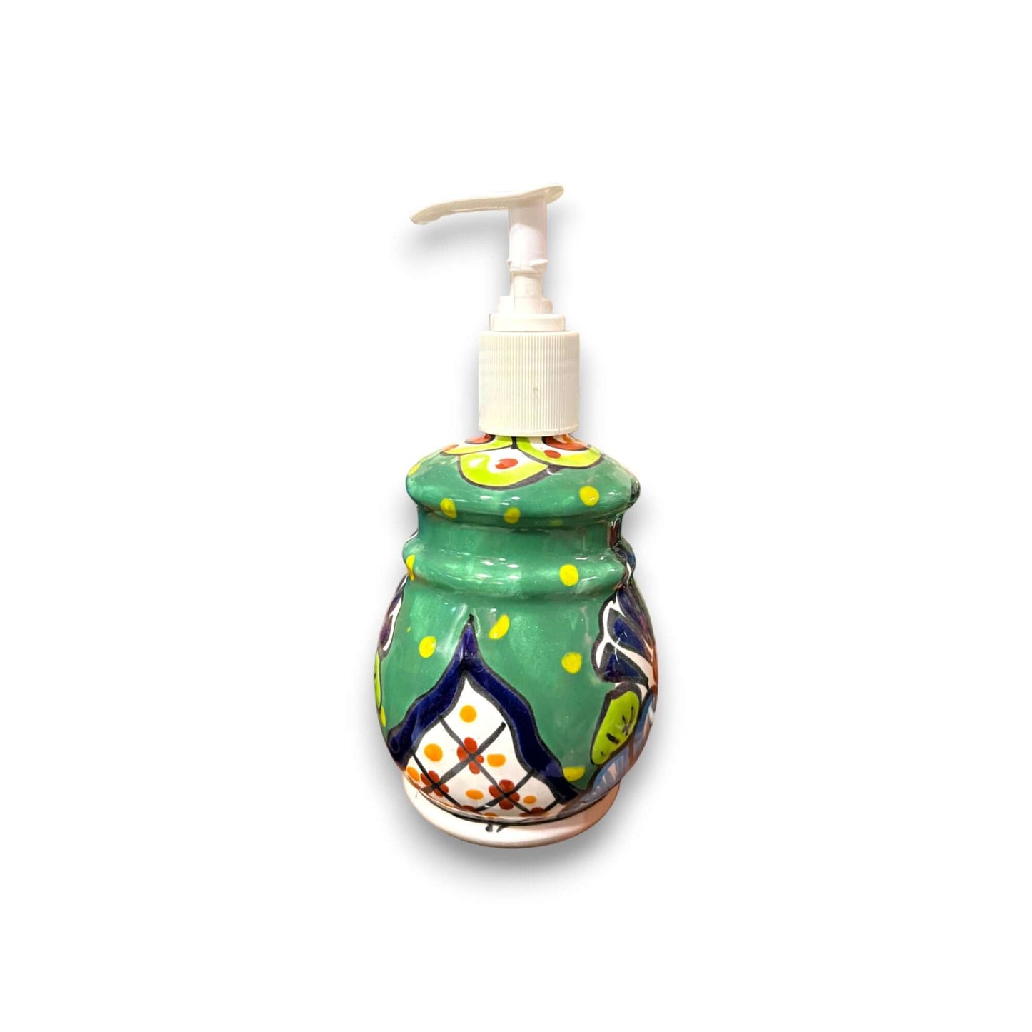 Talavera Soap Dispenser | Hand-Painted Mexican Ceramic Bathroom Decor - green hand-painted Talavera ceramic soap dispenser with pump