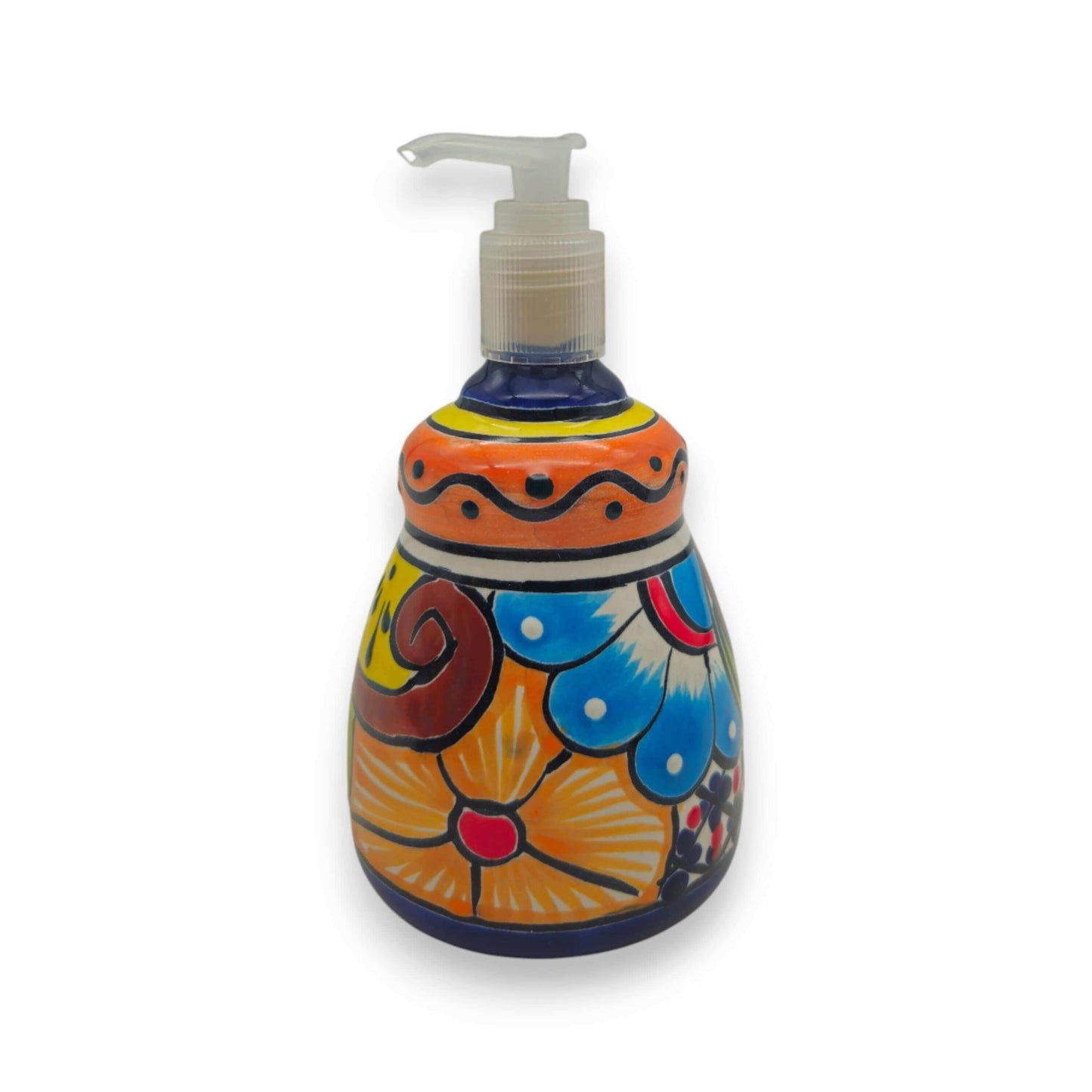 Talavera Soap Dispenser | Hand-Painted Mexican Ceramic Bathroom Decor - hand-painted multicolor Talavera ceramic soap dispenser with pump