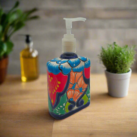 Hand-Painted Talavera Soap Pump | Colorful Ceramic Dispenser showcasing vivid hand-painted floral and geometric patterns on a ceramic soap dispenser