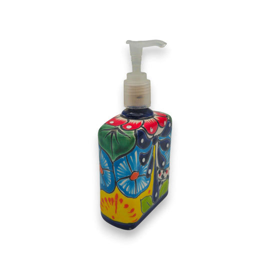 Hand-Painted Talavera Soap Pump | Colorful Ceramic Dispenser showing vibrant hand-painted floral and geometric patterns on a ceramic pump