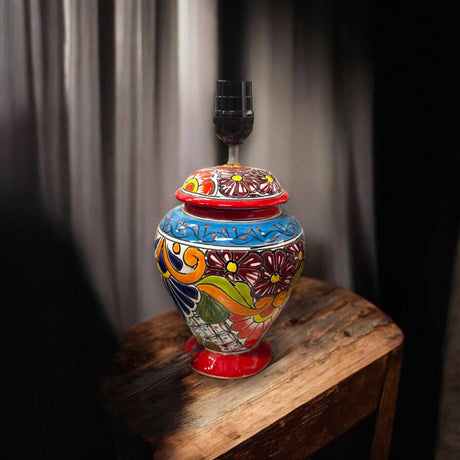 Hand-Painted Mexican Talavera Table Lamp | Large Artisan Ceramic Lamp - vibrant hand-painted blue red floral Talavera ceramic lamp on wooden table