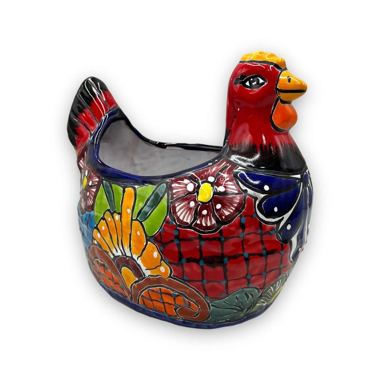 Talavera Chicken Planter | Large Hand-Painted Mexican Pottery Statue - vibrant hand-painted red floral chicken planter