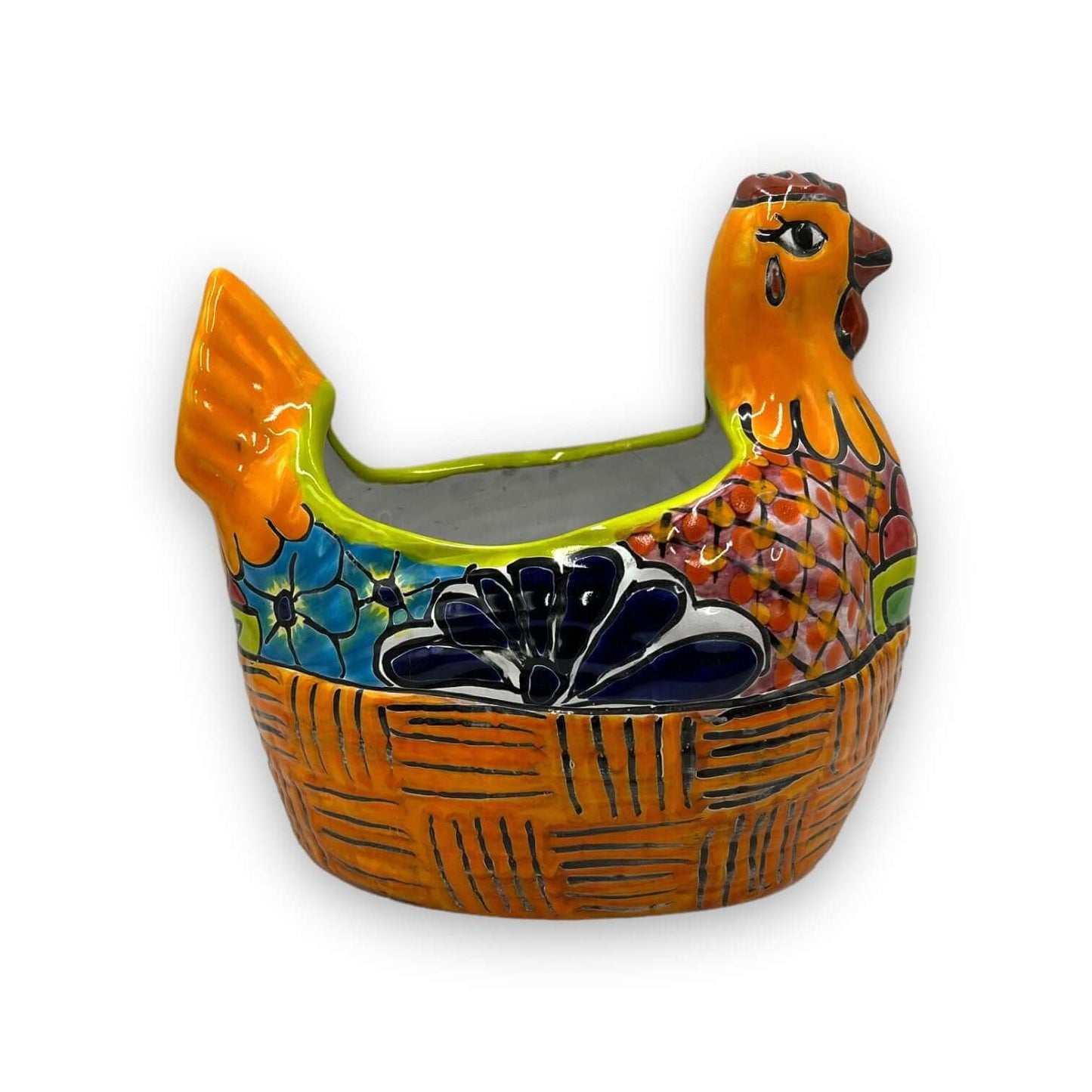 Talavera Chicken Planter | Large Hand-Painted Mexican Pottery Statue vibrant hand-painted Talavera chicken planter in orange, blue, green colors