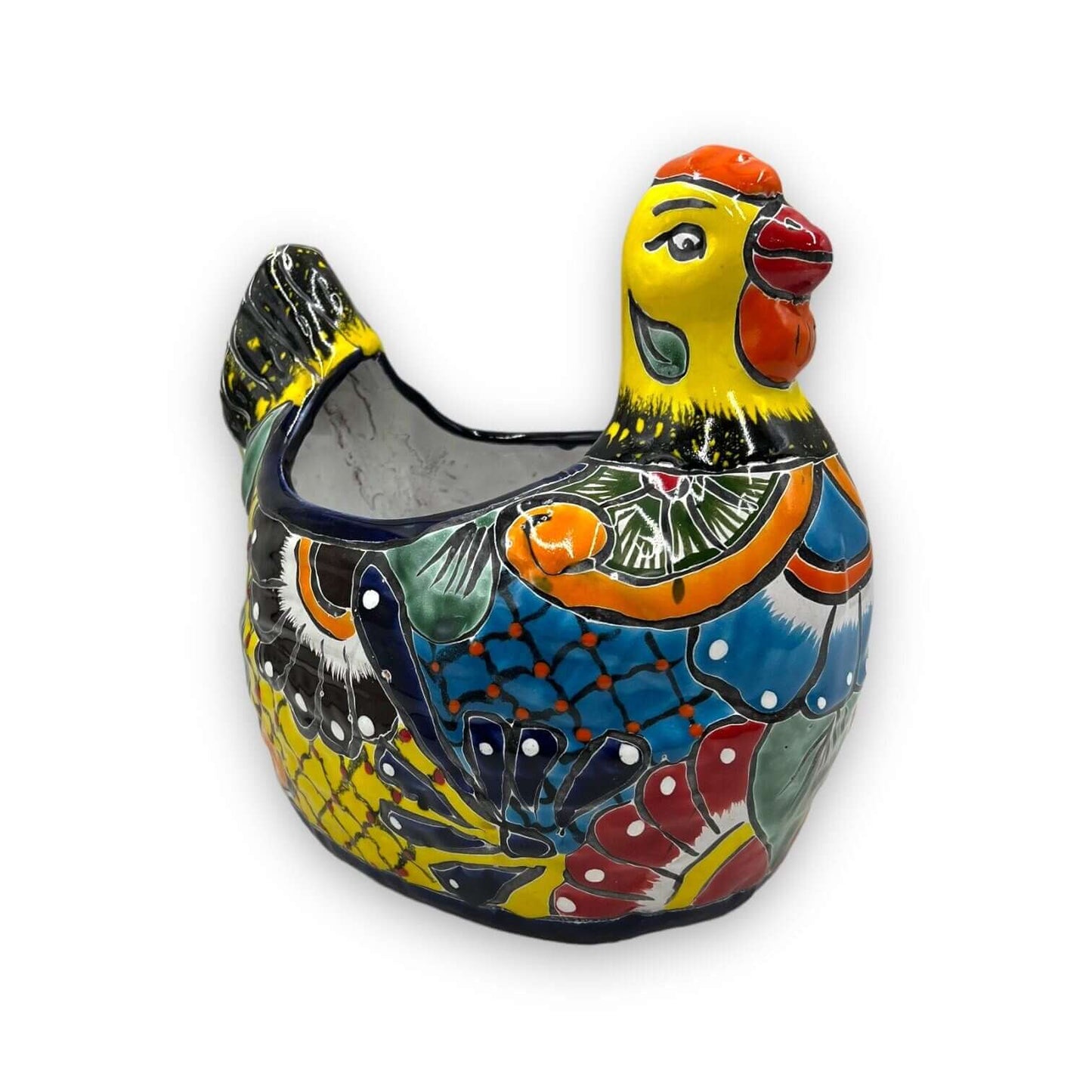 Talavera Chicken Planter | Large Hand-Painted Mexican Pottery Statue vibrant hand-painted chicken-shaped planter from Guanajuato, lead-free glaze