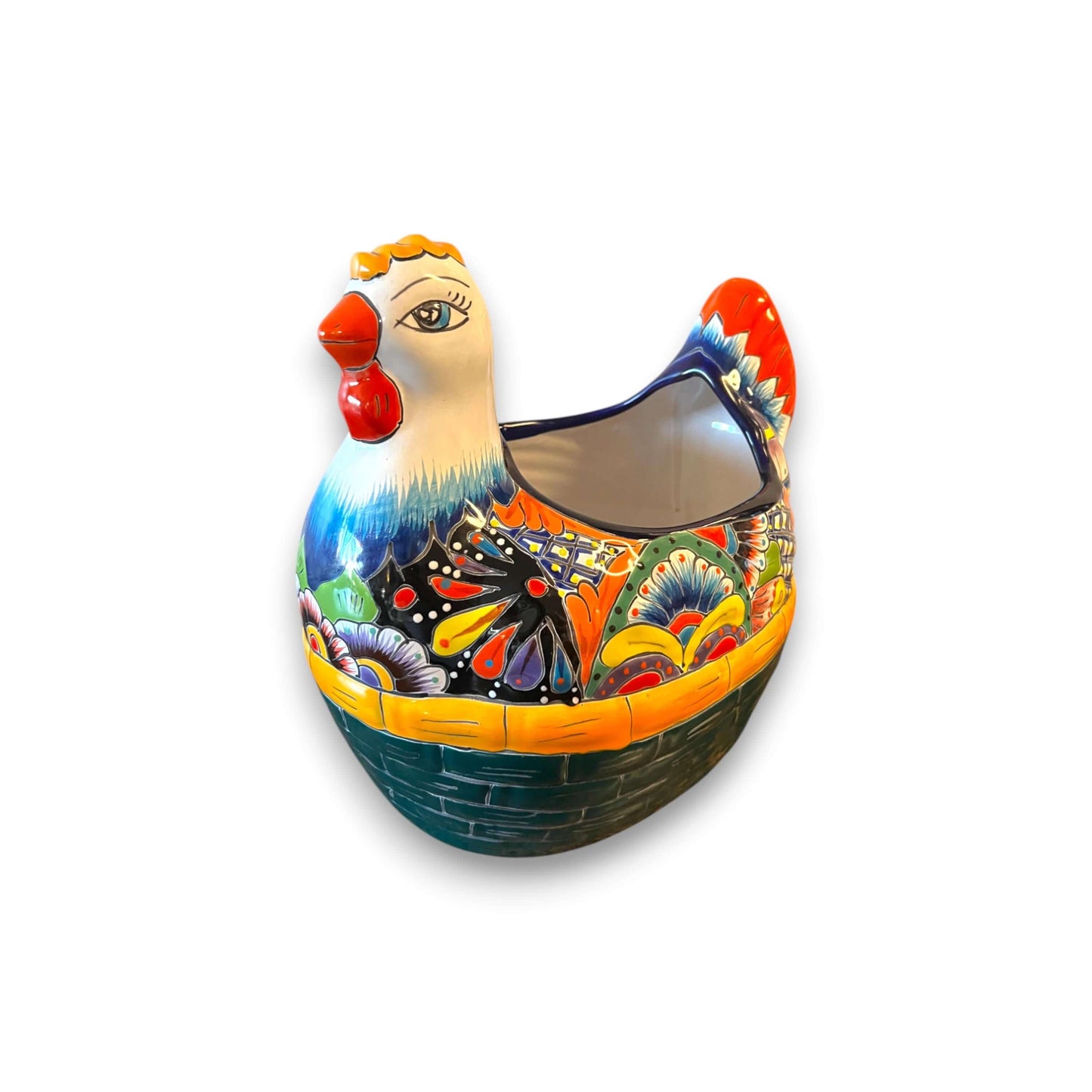 Talavera Chicken Planter | Hand-Painted Mexican Ceramic Statue — hand-painted Talavera chicken planter with vibrant floral patterns, kiln-fired lead-free glaze