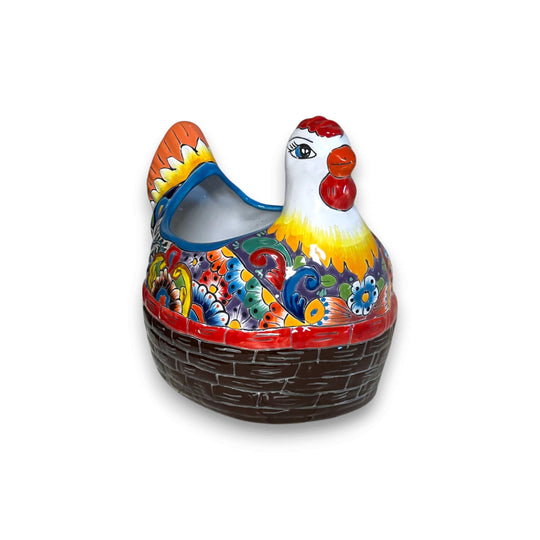 Talavera Chicken Planter | Hand-Painted Mexican Ceramic Statue - vibrant hand-painted Talavera chicken planter from Guanajuato, lead-free glaze