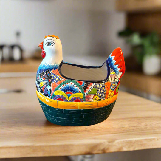 Talavera Chicken Planter | Hand-Painted Mexican Ceramic Statue - vibrant hand-painted Talavera chicken planter from Guanajuato, kiln-fired lead-free glaze