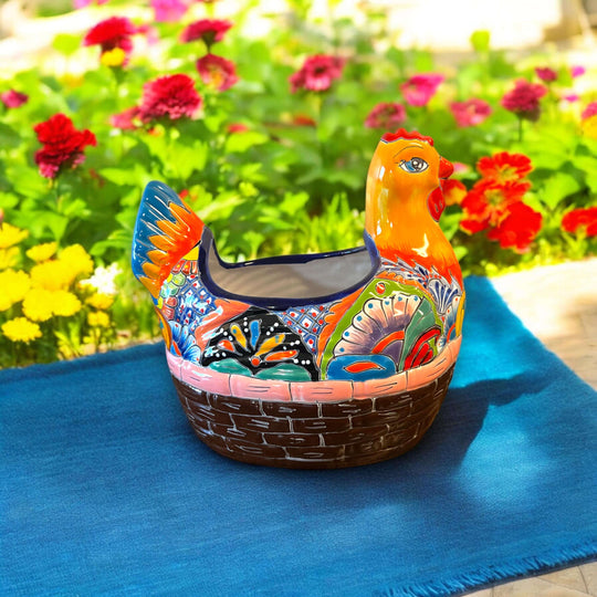 Talavera Chicken Planter | Hand-Painted Mexican Ceramic Statue — vibrant hand-painted Talavera chicken planter with floral patterns on blue cloth