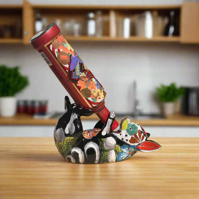 Talavera Chihuahua Bottle Holder | Hand-Painted Mexican Dog Statue - black floral ceramic chihuahua wine bottle holder