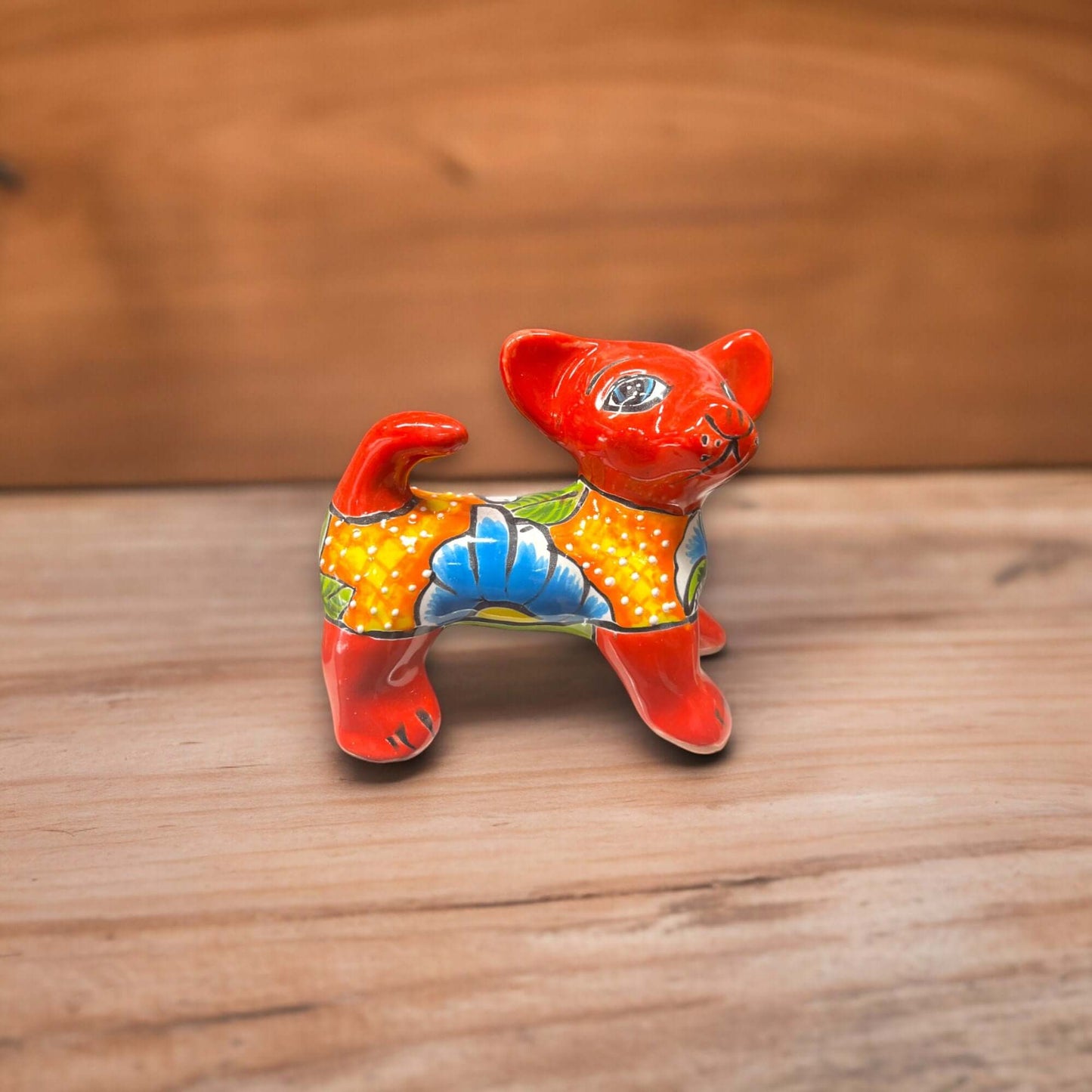 Hand-Painted Talavera Chihuahua Statue | Mexican Ceramic Animal Decor (Medium) - bright red hand-painted Talavera ceramic chihuahua, handcrafted in Guanajuato, Mexico