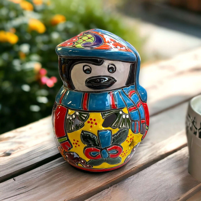 Hand-Painted Talavera Penguin Statue | Festive Christmas Decor (Medium) — colorful hand-painted Talavera penguin with scarf, kiln-fired lead-free glaze, Guanajuato craft