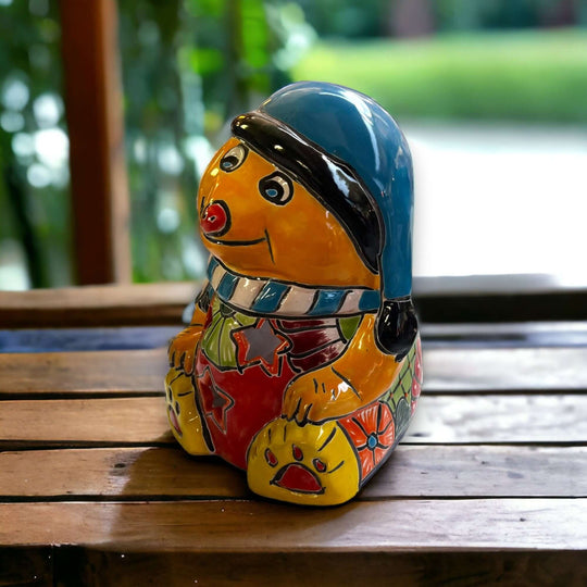 Hand-Painted Talavera Teddy Bear Statue | Festive Christmas Decor (Medium Size) hand-painted colorful ceramic teddy bear statue from Guanajuato