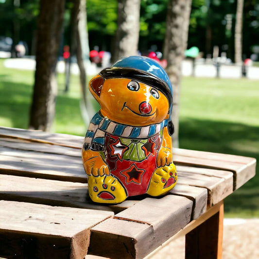 Hand-Painted Talavera Teddy Bear Statue | Festive Christmas Decor (Medium Size) - colorful hand-painted Talavera teddy bear statue on picnic table