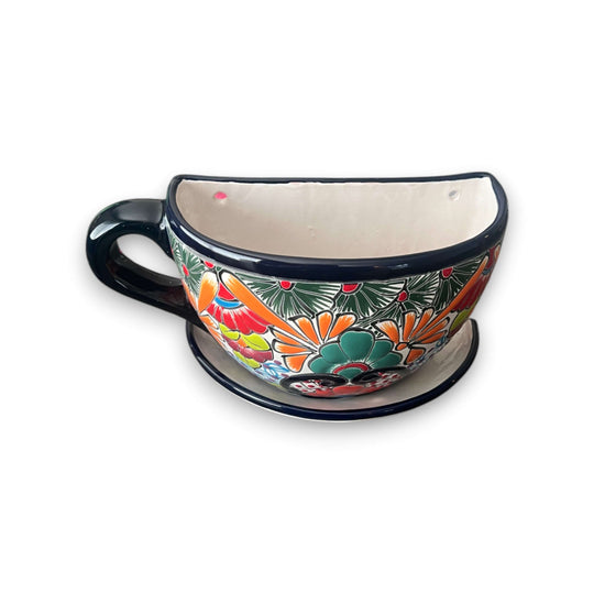 Talavera Coffee Cup Planter | Hand-Painted Mexican Wall Pot - vibrant hand-painted floral ceramic wall planter shaped like a coffee cup