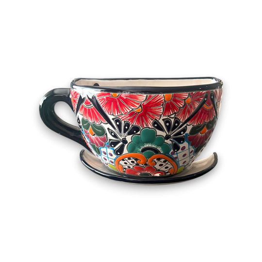 Talavera Coffee Cup Planter | Hand-Painted Mexican Wall Pot - vibrant hand-painted Talavera floral coffee cup planter with saucer