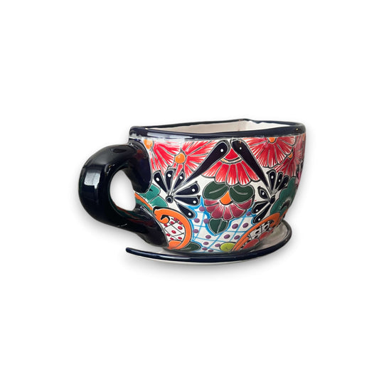 Talavera Coffee Cup Planter | Hand-Painted Mexican Wall Pot - vibrant hand-painted Talavera floral coffee cup planter, kiln-fired, Guanajuato craftsmanship