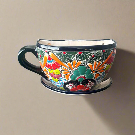 Talavera Coffee Cup Planter | Hand-Painted Mexican Wall Pot with vibrant hand-painted floral Talavera design, wall-mounted ceramic coffee cup planter