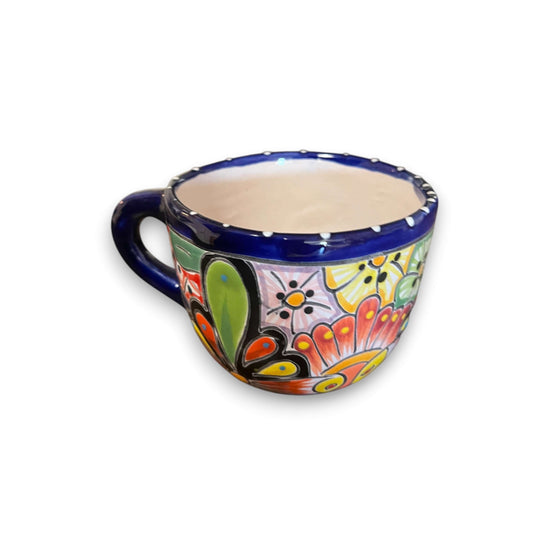 Talavera Coffee Mug | Hand-Painted Mexican Ceramic Cup with bright floral Talavera pattern, cobalt blue rim and handcrafted glaze