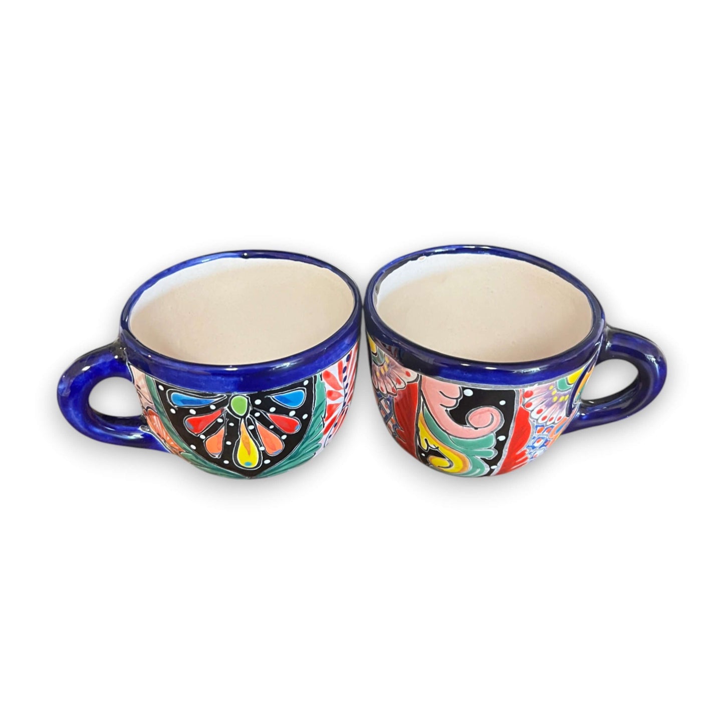 Talavera Coffee Mug | Hand-Painted Mexican Ceramic Cup - pair of hand-painted Talavera mugs with bright floral patterns and cobalt blue rim