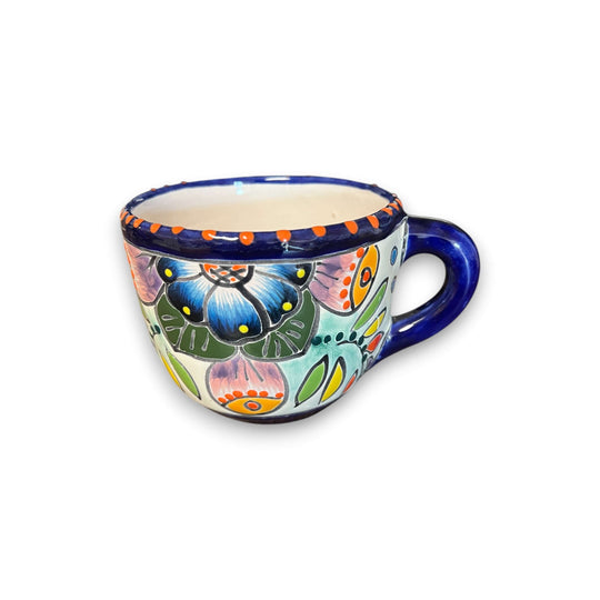 Talavera Coffee Mug | Hand-Painted Mexican Ceramic Cup - hand-painted floral Talavera ceramic mug with cobalt blue handle, lead-free glaze, handcrafted in Guanajuato