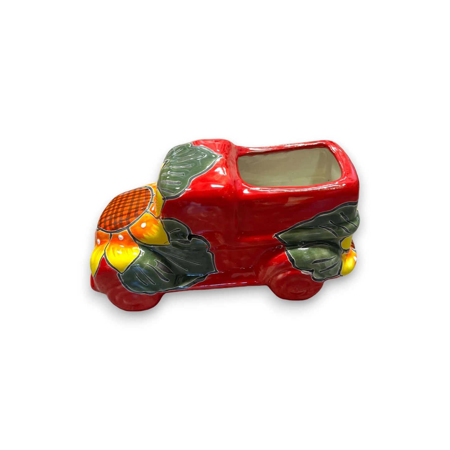 Hand-Painted Talavera Car Planter | Colorful Ceramic Car Statue (Small) - red hand-painted Talavera ceramic car planter with floral design