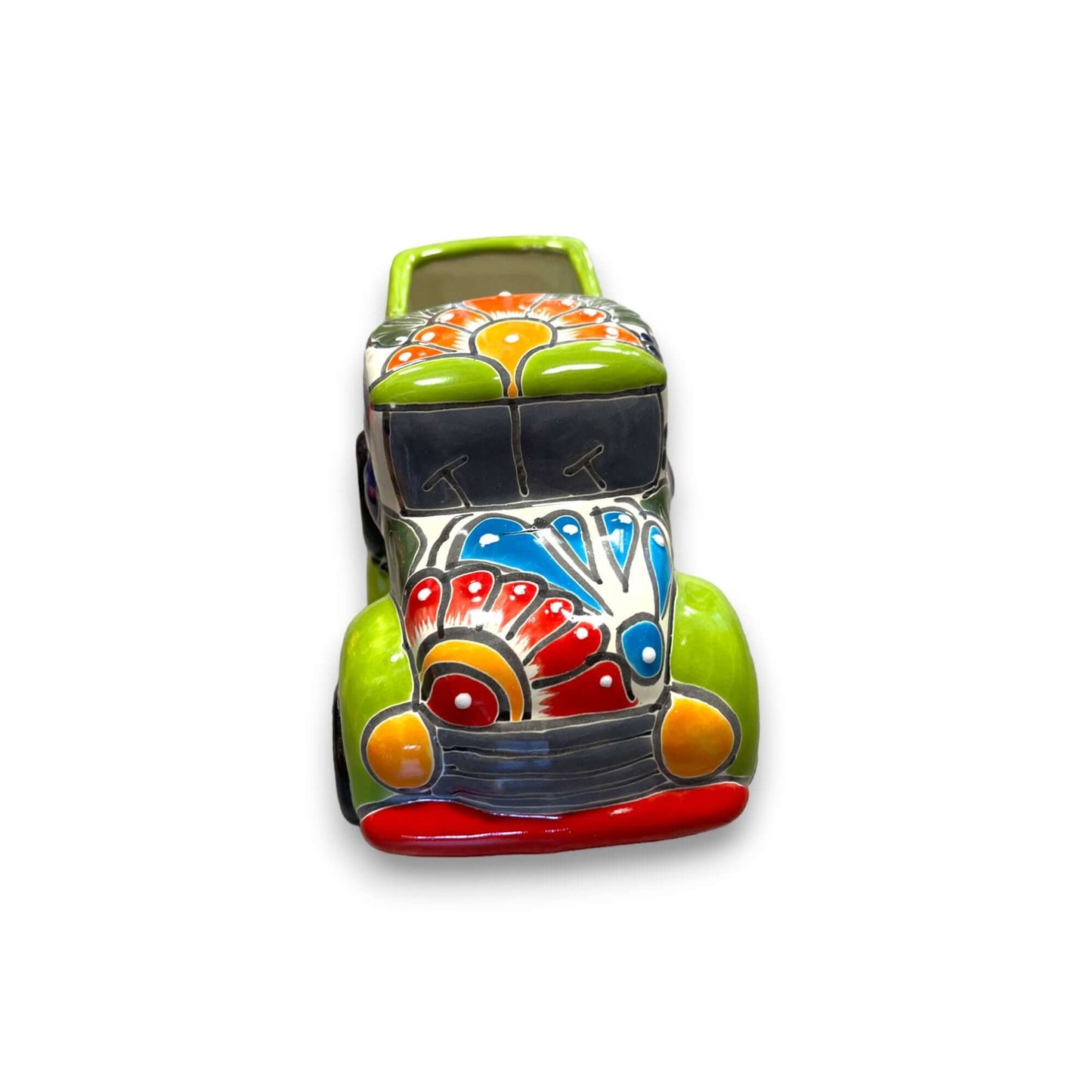 Hand-Painted Talavera Car Planter | Colorful Ceramic Car Statue (Small) bright hand-painted Mexican Talavera ceramic car planter with floral motifs
