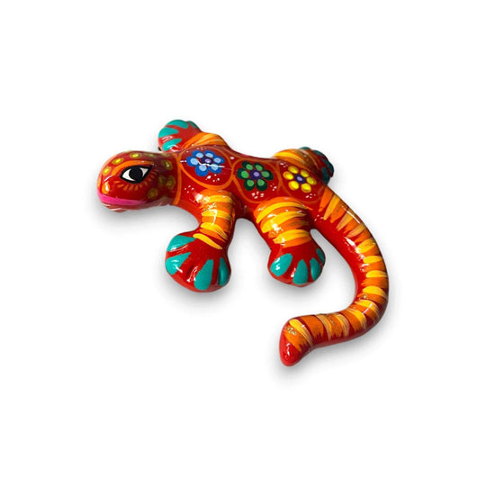 Hand-Painted Talavera Lizard Figurine | Colorful Mexican Wall Decor - vibrant hand-painted Talavera lizard with pink yellow turquoise patterns