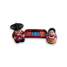 Hand-Painted Talavera Salt & Pepper Shakers | Couple on Tray - hand-painted Mexican couple shakers on blue floral tray, cobalt pink green yellow