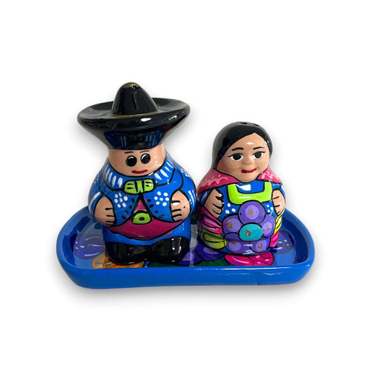 Hand-Painted Talavera Salt & Pepper Shakers | Couple on Tray - vibrant cobalt blue Mexican folk art pair on matching tray