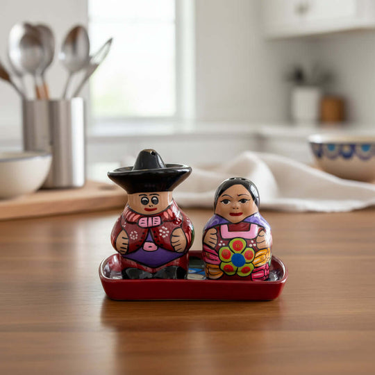 Hand-Painted Talavera Salt & Pepper Shakers | Couple on Tray — hand-painted Mexican couple on blue tray, vibrant cobalt pink green yellow, lead-free glaze