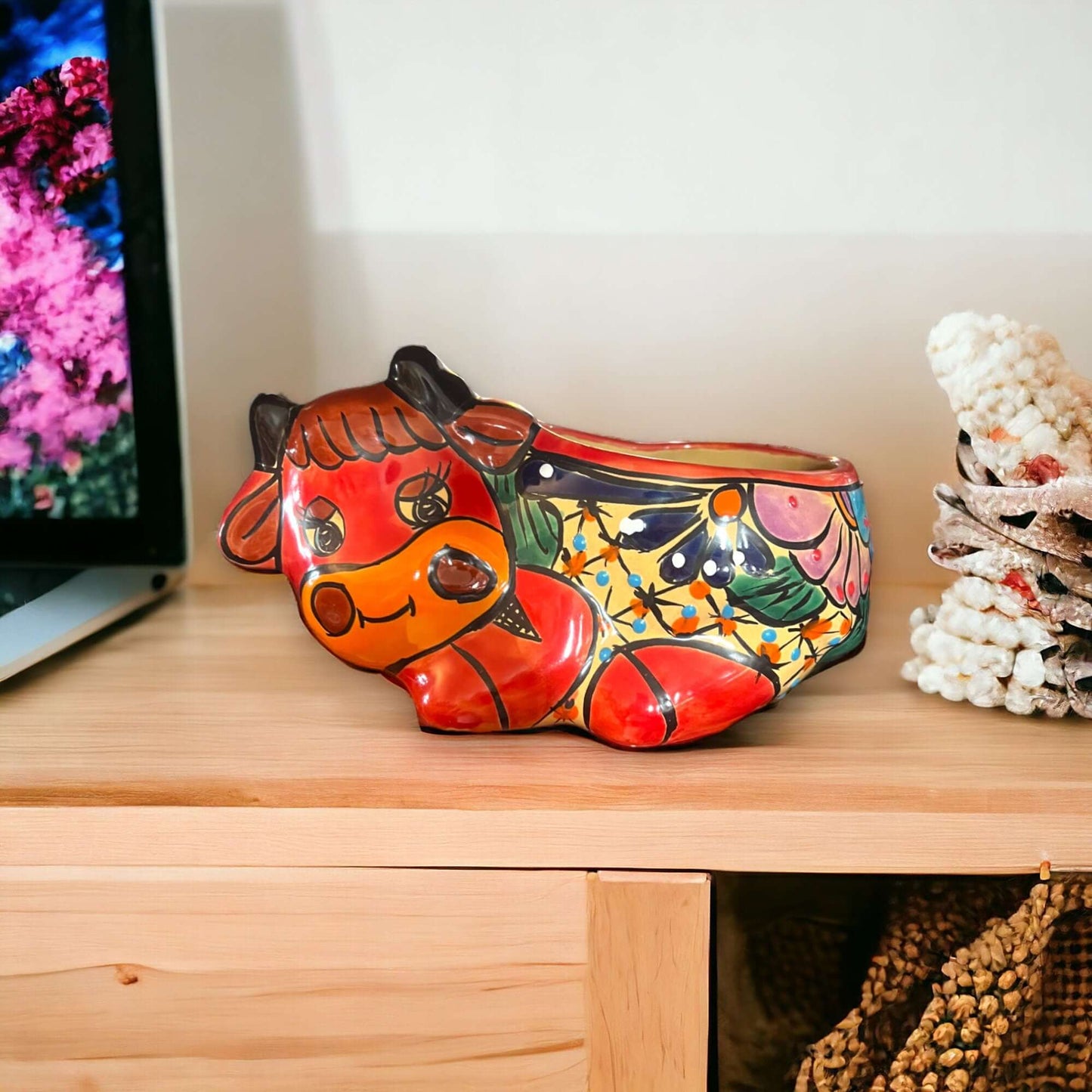 Talavera Cow Planter | Hand-Painted Mexican Ceramic Animal Pot - bright hand-painted floral cow planter, kiln-fired lead-free glaze