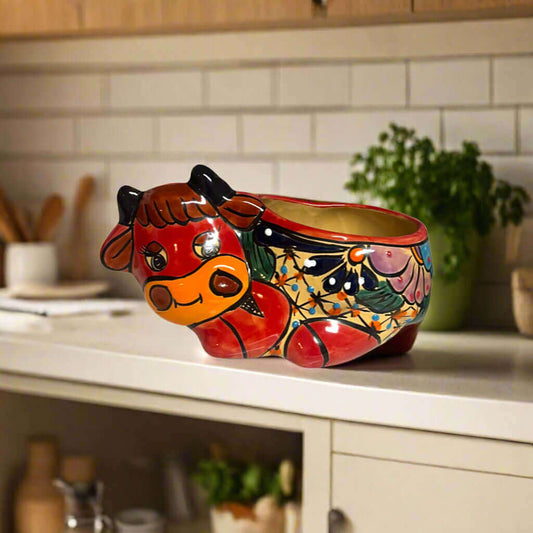 Talavera Cow Planter | Hand-Painted Mexican Ceramic Animal Pot — hand-painted red cow ceramic planter with floral talavera design