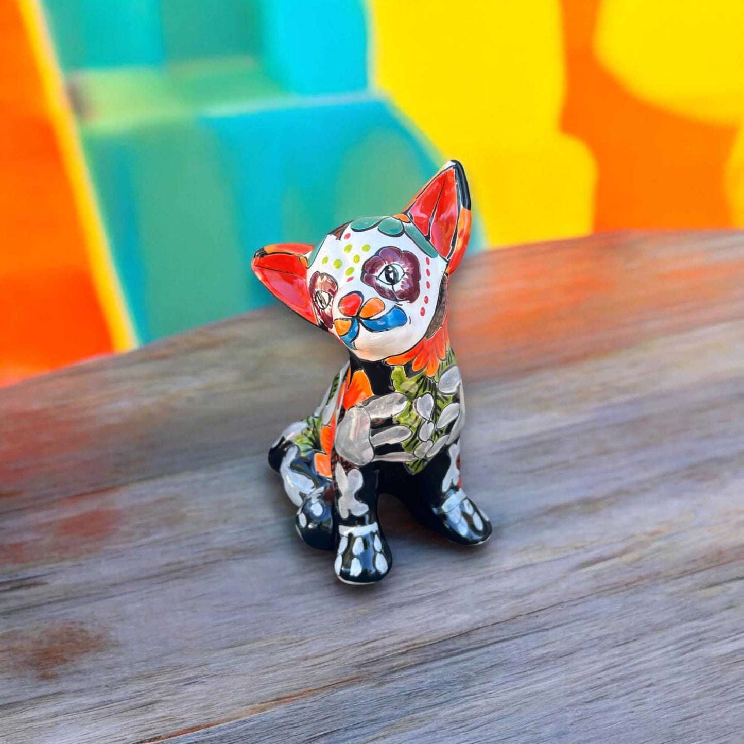 Talavera Chihuahua Statue | Day of the Dead Mexican Pottery Decor - hand-painted Talavera chihuahua from Guanajuato, vibrant Day of the Dead design