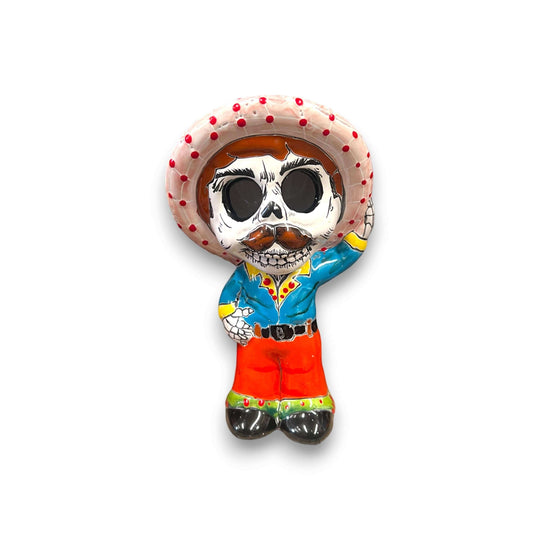 Talavera Skeleton Statue | Day of the Dead Figurine with Sombrero - hand-painted Talavera calavera with red sombrero, blue jacket and orange pants