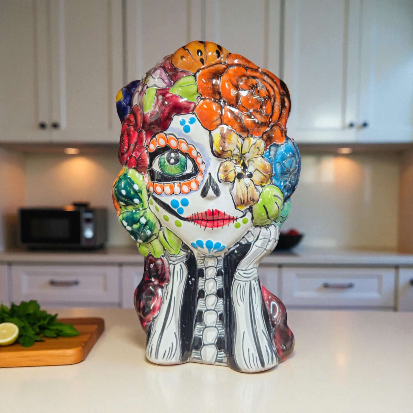 Colorful Talavera Skull Planter | Hand-Painted Ceramic Pot — hand-painted Day of the Dead floral skull planter from Guanajuato, vibrant red green blue yellow