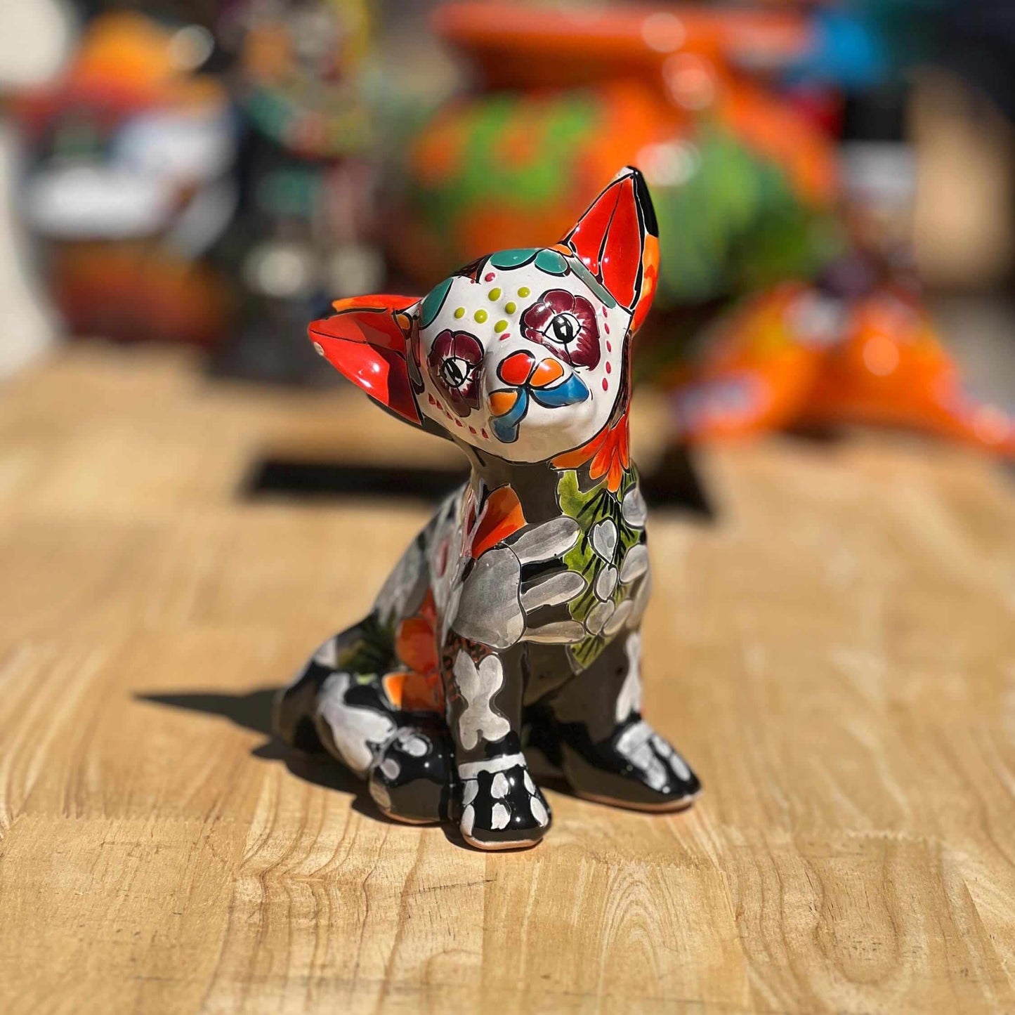Talavera Chihuahua Statue | Day of the Dead Mexican Pottery Decor hand-painted sitting chihuahua from Guanajuato, vibrant Talavera Day of the Dead design
