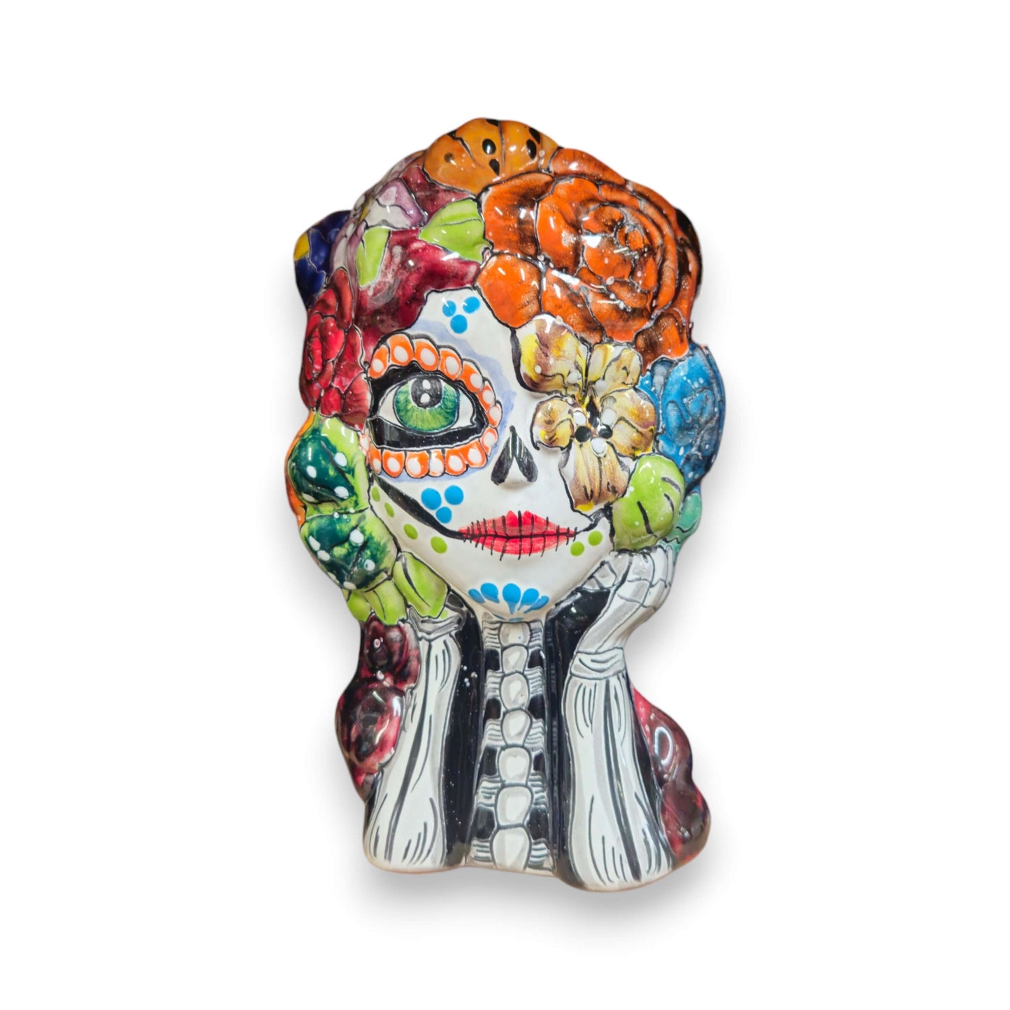 Colorful Talavera Skull Planter | Hand-Painted Ceramic Pot - hand-painted Day of the Dead skull planter with vivid red green blue yellow floral motifs