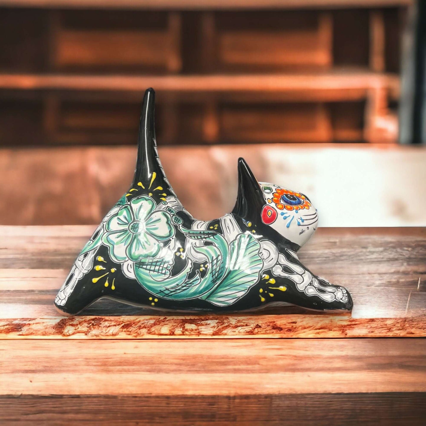 Hand-Painted Talavera Stretching Cat Statue | Day of the Dead Mexican Decor - hand-painted black Talavera stretching cat figurine